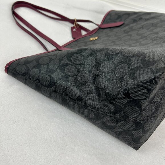 Coach Signature Canvas 5696 City Tote Bag In IM/Brown/Black Cherry-Large - Picture 9 of 16